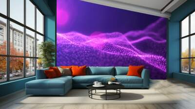 Abstract waves from particles and lines of purple futuristic beautiful flying glowing magical energy with sun rays and blur effect. Abstract background Wall mural