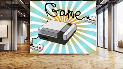 An old white retro vintage antique hipster game console for video games and two joysticks from the 80's, 90's on a background of shining rays.  illustration Wall mural