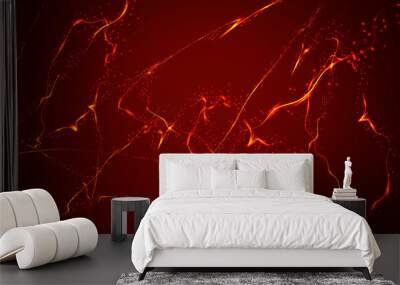 Beautiful violet red abstract magical energy electric cosmic fiery shiny luminous lightning, lines, stripes with sparks on a red background. Vector illustration Wall mural