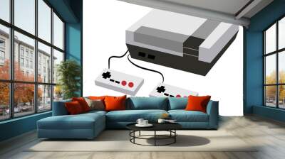 Black and white with gray old retro hipster rectangular volumetric vintage antique game console with two joysikami on a white background. Vector illustration Wall mural