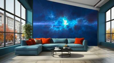 Blue energy glowing magic waves and electric lightning charges high-tech digital iridescent liquid plasma with light rays lines and energy particles. Abstract background Wall mural