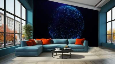 Futuristic abstract blue glowing ball, sphere of dots and particles shining magical energy glowing neon sun rays on black background. Abstract background. Screensaver Wall mural