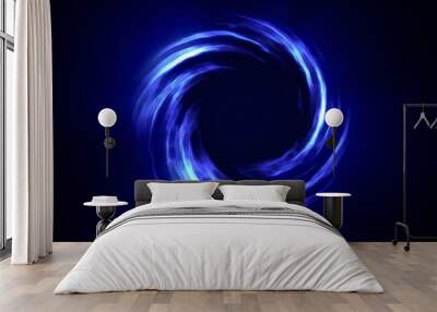 Looped twirl circle of stripes and lines of bright blue beautiful magical energy glowing neon, round frame. Abstract background Wall mural