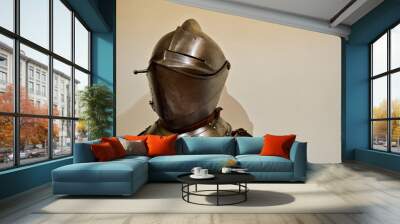 Medieval strong knight warrior chained in iron silvery strong metal armor with a helmet and a visor Wall mural