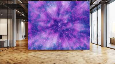 Purple and blue beautiful bright glowing shiny star particles flying in the galaxy in space energy magic with blur and bokeh zoom effect. Abstract background, intro Wall mural