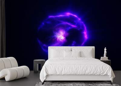 Spinning purple energy sphere digital atom hi-tech ball futuristic magic circle glowing bright force field abstract background Wall mural