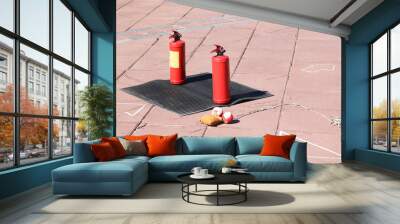 Two red metal large manual carbon dioxide or powder extinguishers for extinguishing a fire stand on a black rubber dielectric rug on the floor Wall mural