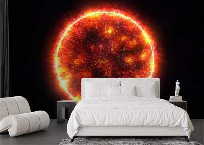 Yellow energy magic sphere round hi-tech light digital ball space planet star made of futuristic light rays lines and energy particles. Abstract background Wall mural