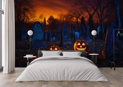 Halloween-themed nighttime cemetery scene with glowing jack-o'-lanterns.  Wall mural