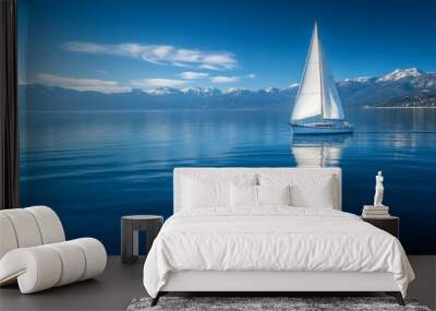 A sailboat glides across the tranquil blue clean ocean under a clear blue sky dotted with fluffy white clouds and snowy mountains. Wall mural