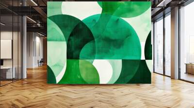 Abstract emerald green and white retro 70s overlapping shapes watercolor concept texture Wall mural