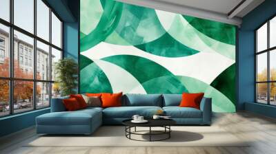 Abstract emerald green and white retro 70s overlapping shapes watercolor concept texture Wall mural