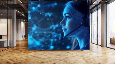 Elevating customer service with blue technology hologram. Staff women with headsets and AI interfaces. Call center with Technology Internet and network concept. Wall mural