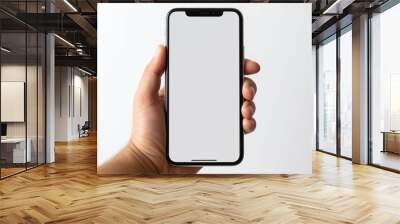 Hand is holding the white screen smartphone, a mobile phone is isolated on a white background with the clipping path. Wall mural