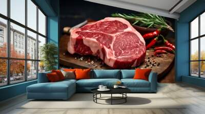 Tasty fresh raw rib eye beef steak with pepper and herbs on a wooden background in a butcher shop Wall mural