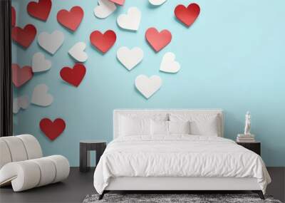 Top view Valentine's Day concept background. White and red paper hearts on pastel blue background. Valentines day concept photo with copy space Wall mural