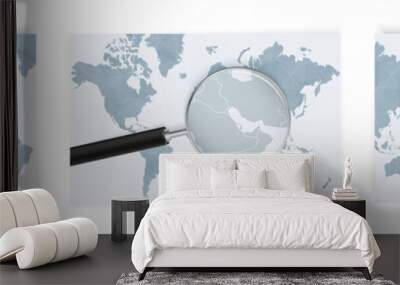 Blue Abstract World Maps with magnifying glass on map of Bahrain with the national flag of Bahrain. Three version of World Map. Wall mural