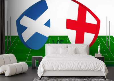 Rugby team Scotland vs England on green rugby field. Wall mural