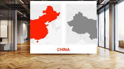 Two versions of the map of China, with the flag of China and highlighted in dark grey. Wall mural