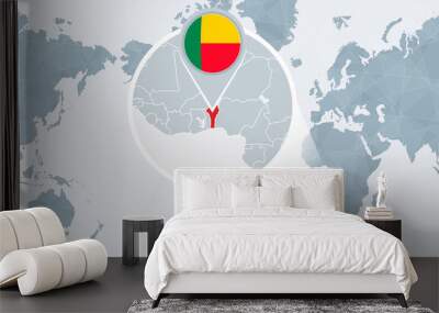 World map centered on America with magnified Benin. Wall mural