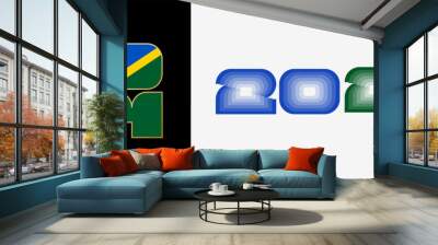 Year 2024 with flag of Solomon Islands and in color palate of Solomon Islands flag. Happy New Year 2024 in two different style. Wall mural