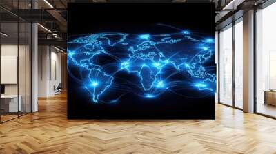 A glowing blue world map with interconnected lines representing global communication. Wall mural