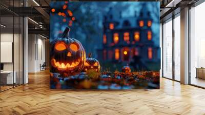 Glowing Jack-o'-lanterns in Front of a Haunted House Wall mural