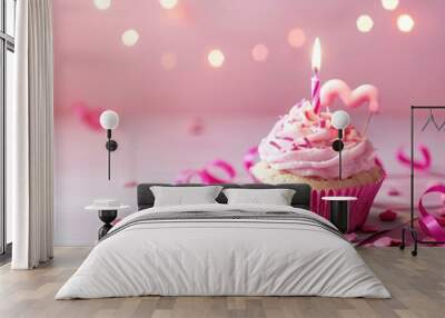 Pink Birthday Cupcake with a Single Candle and Sprinkles Wall mural