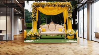 Visually striking yellow wedding stage backgrounds with candles Wall mural