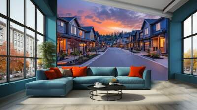 A modern luxury home with floor-to-ceiling windows overlooking the city skyline at dusk, with an open air balcony and wood accents.  Wall mural