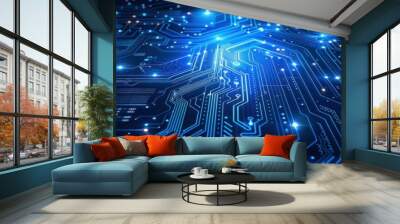 Abstract Digital Circuit Board with Glowing Blue Lines Wall mural