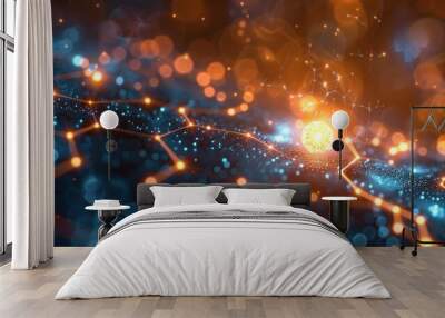 Abstract Digital Network with Glowing Orange and Blue Elements Wall mural