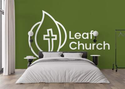 Christian cross leaf church line outline logo design Premium Wall mural