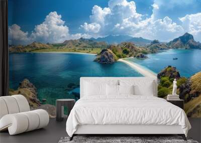 panoramic view of the beautiful island and sea in islands with blue water, wallpaper panorama, landscape photography, wide angle, hyper realistic, high resolution, high definition. Wall mural