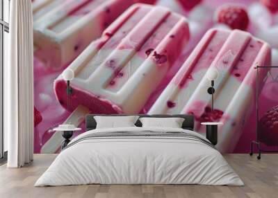 Raspberry Swirl Popsicles with Ice and Fresh Raspberries Wall mural