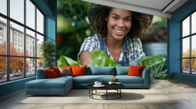 Smiling Woman in a Greenhouse Wall mural