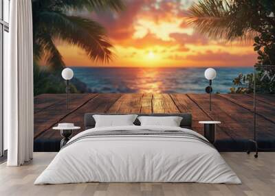 Sunset over the Ocean with a Wooden Plank Wall mural