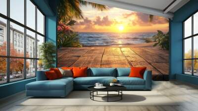 Tropical Sunset with Wooden Tabletop Wall mural