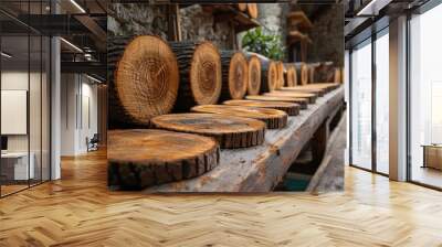 Wooden Logs Cut into Rounds Wall mural