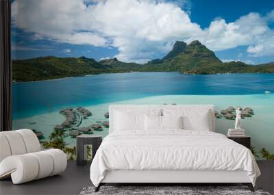 Aerial image from a drone of blue lagoon and Otemanu mountain at Bora Bora island, Tahiti, French Polynesia, South Pacific Ocean (Bora Bora Aerial). Wall mural