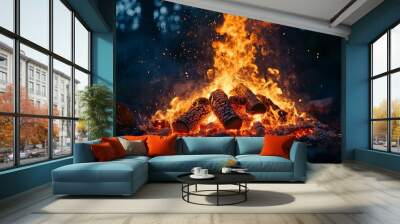 A Campfire Burning Brightly in the Forest at Night Wall mural