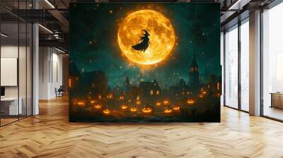 A Witch Flying Under a Full Moon Over a Halloween Village Wall mural