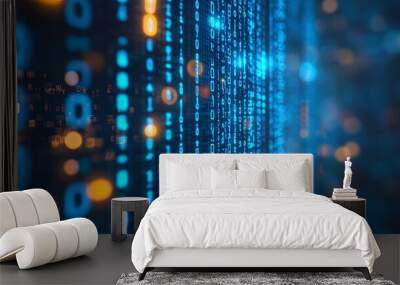 Abstract Binary Code Background with Blue and Orange Glowing Lights Wall mural