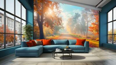 Beautiful autumn landscape with. Colorful foliage in the park Background 2 Wall mural