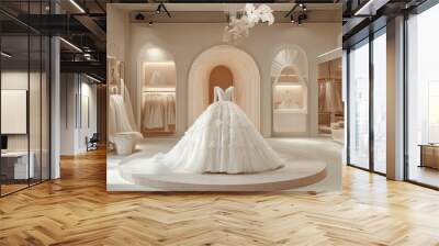 Bridal Boutique Interior with White Wedding Dress on Display Wall mural