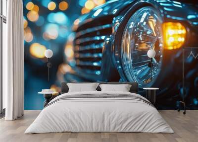 Close-up of a Car Headlight with Blue and Orange Bokeh Lights Wall mural