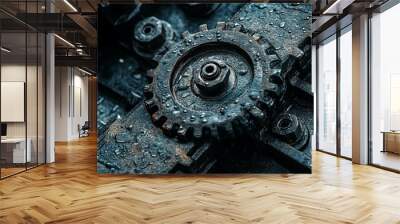 Close-Up of a Wet, Industrial Gear with Water Droplets Wall mural