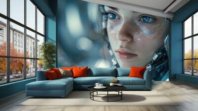 Cybernetic Evolution. A futuristic female cyborg with a blend of human and robotic traits. Wall mural