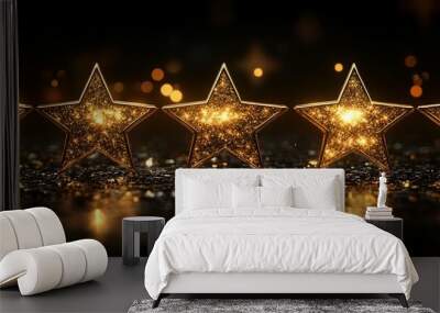 Five Shiny Golden Stars on a Glittering Black Surface Wall mural