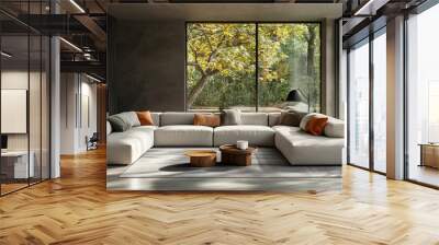 Modern living room with sectional sofa and large windows overlooking a leafy garden. Wall mural